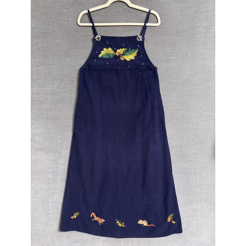 Quacker Factory Dress 6 Blue Corduroy Jumper‎ Squirrel Acorn Midi Embroidered